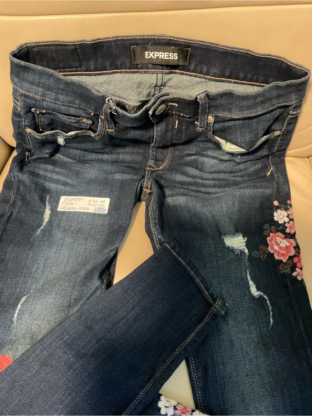 Express Dark Indigo Skinny Jeans with Pink Floral Embroidery